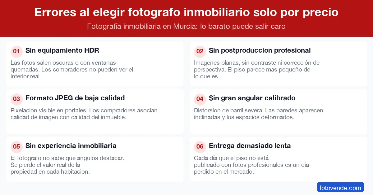 6 errores al elegir fotógrafo inmobiliario solo por precio en Murcia: técnica, calidad y tiempos de entrega.