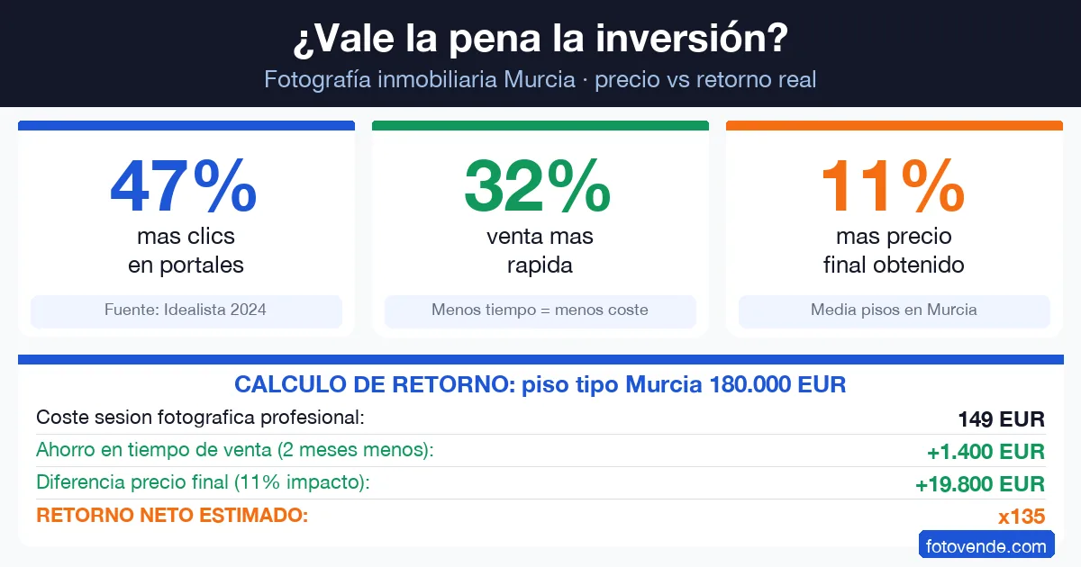 Retorno de inversión: fotografía inmobiliaria Murcia precio vs beneficio real en la venta del inmueble.