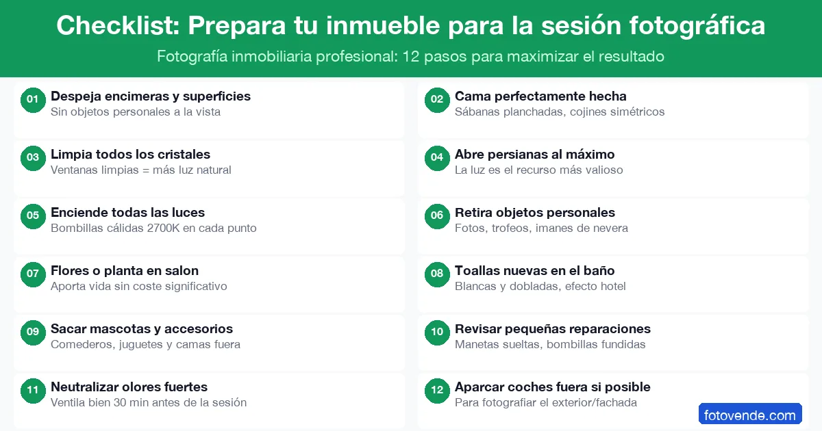 Checklist preparación fotografía inmobiliaria profesional: 12 pasos para maximizar el impacto del reportaje.