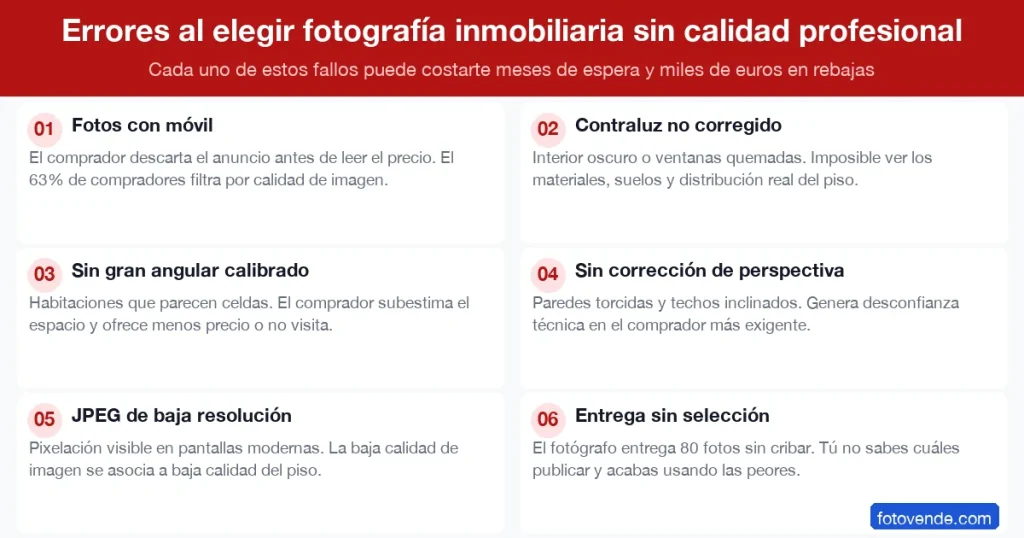 6 errores al contratar fotografía inmobiliaria sin calidad profesional: móvil, contraluz, sin gran angular.