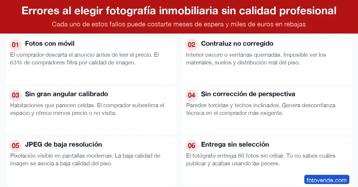 6 errores al contratar fotografía inmobiliaria sin calidad profesional: fotos de móvil, contraluz y baja resolución.