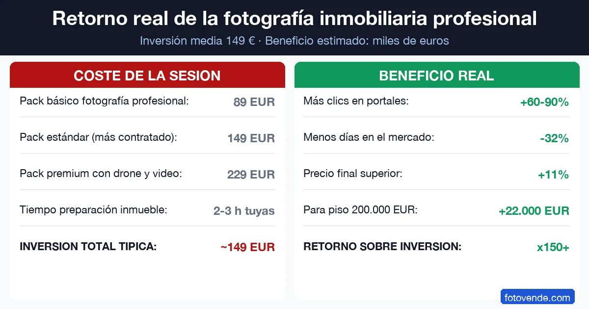 ROI fotografía inmobiliaria profesional: inversión de 149 EUR con retorno estimado de más de 150 veces el coste.