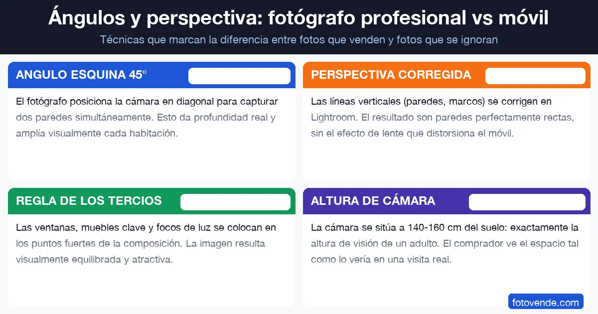 Técnica de ángulos y perspectiva del fotógrafo inmobiliario profesional: esquina 45°, corrección y regla del tercio.