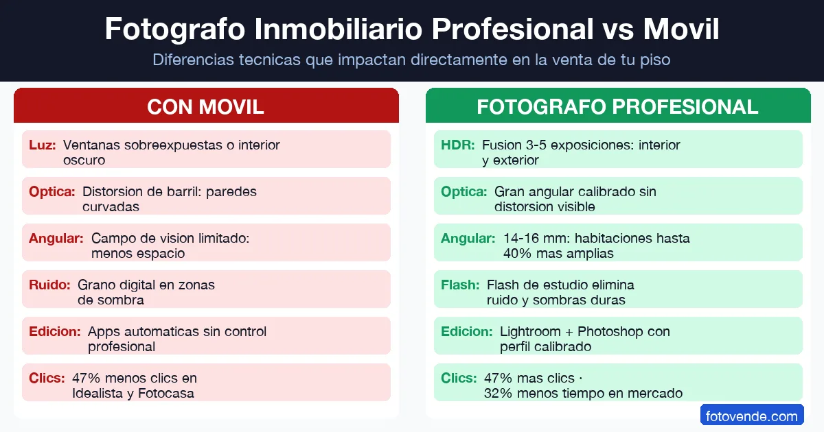 Infografía fotógrafo inmobiliario profesional vs móvil: diferencias técnicas en HDR, óptica y postproducción.
