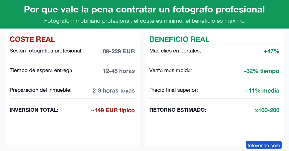 Retorno inversión fotógrafo inmobiliario profesional vs móvil: coste 149 € vs beneficio de miles en precio final.