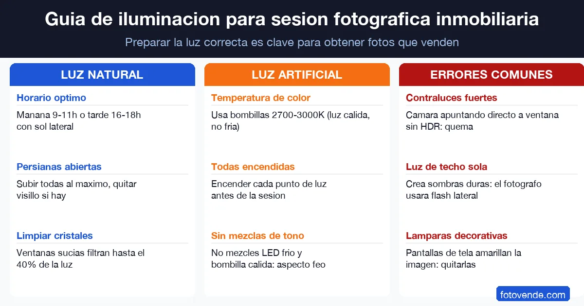 Cómo preparar tu casa para la sesión fotográfica inmobiliaria: checklist completo 3 Guía de iluminación para preparar casa para sesión fotográfica inmobiliaria: horario óptimo y temperatura de color.