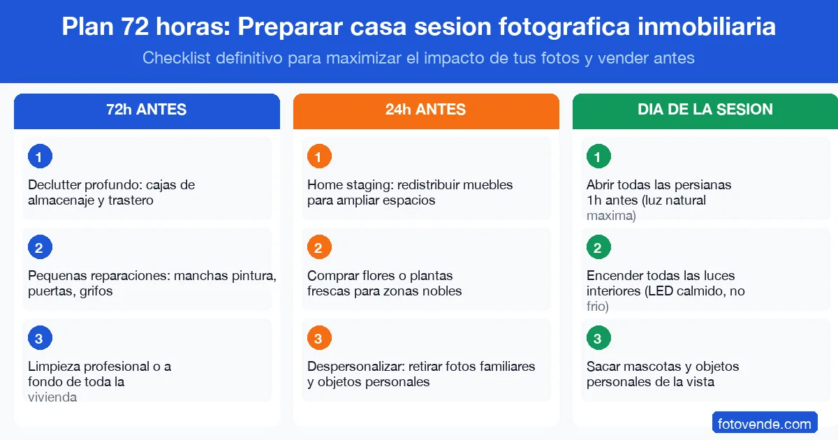 Cómo preparar tu casa para la sesión fotográfica inmobiliaria: checklist completo 1 Infografía: plan 72 horas para preparar casa sesión fotográfica inmobiliaria paso a paso.