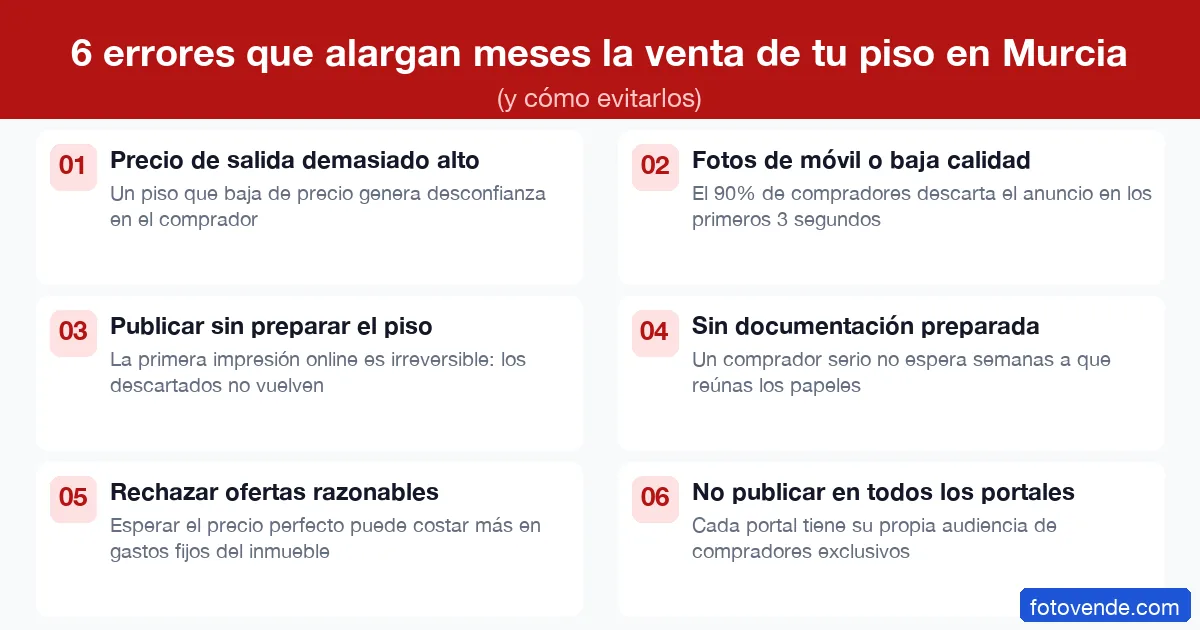 Cómo Vender tu Piso Más Rápido en Murcia: La Guía Definitiva 5 6 errores que alargan meses la venta de un piso en Murcia: precio alto, malas fotos, sin documentación y más.
