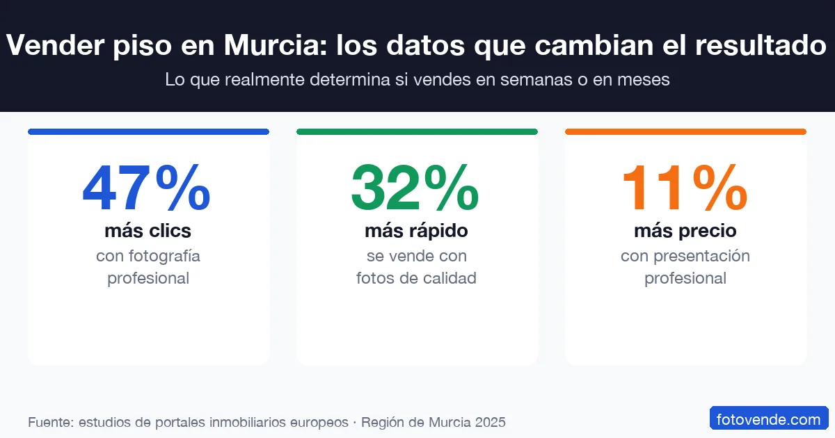 Cómo Vender tu Piso Más Rápido en Murcia: La Guía Definitiva 1 Infografía vender piso Murcia: 47% más clics, 32% más rápido y 11% más precio con fotografía profesional.