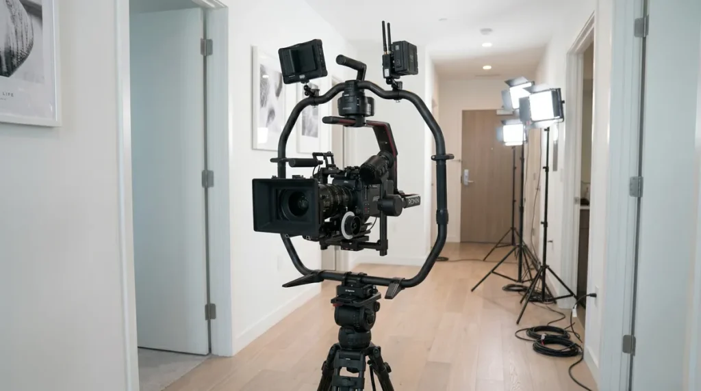 Equipo de vídeo 4K inmobiliaria con gimbal y cámara profesional