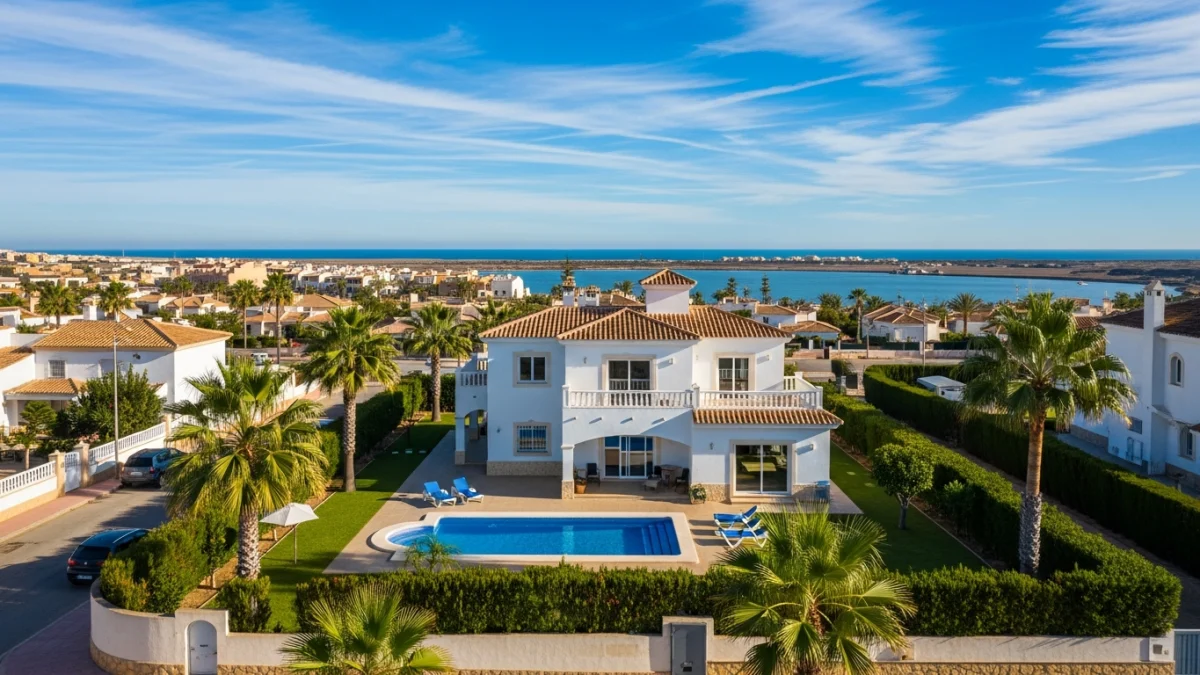 Fotografía aérea con dron de vivienda unifamiliar en San Pedro del Pinatar con parcela y acceso al litoral del Mar Menor