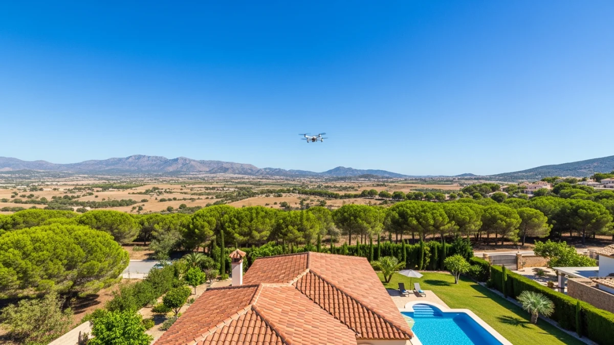 Fotografía inmobiliaria Alhama de Murcia: toma aérea de dron de chalet con jardín bajo sol mediterráneo