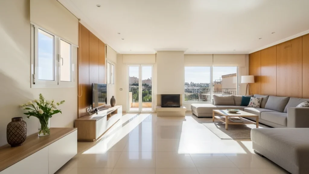 Fotografía inmobiliaria Lorca: salón luminoso con luz natural mediterránea y acabados modernos en vivienda de Lorca