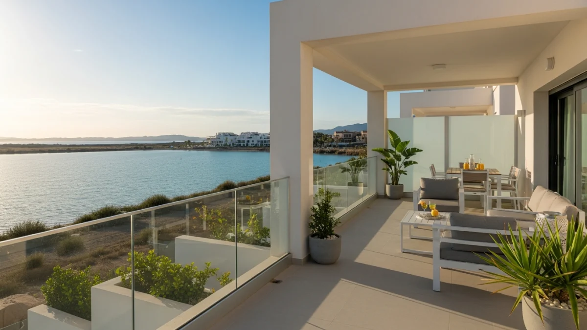 Fotografía inmobiliaria Mar Menor: terraza con vistas a la laguna en vivienda de Los Alcázares al atardecer