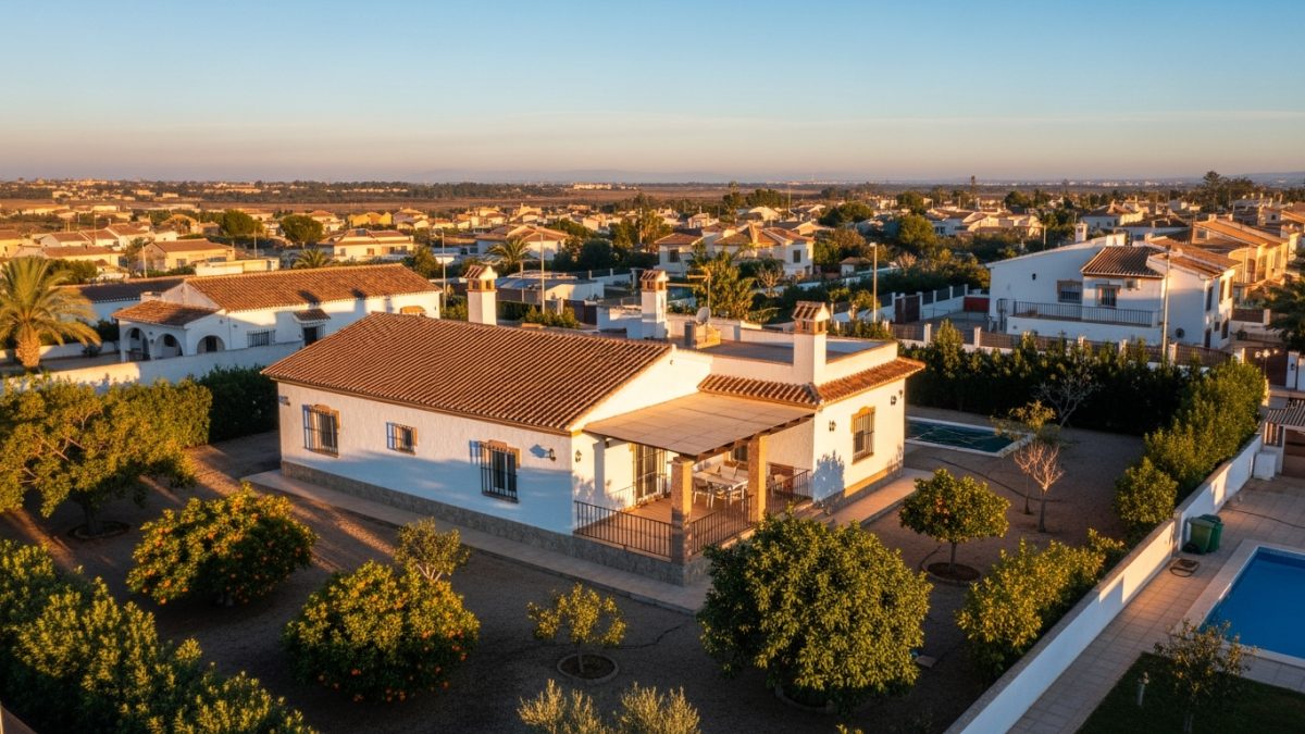 Fotografía inmobiliaria profesional con dron en Molina de Segura: fachada y entorno de vivienda unifamiliar bajo luz mediterránea