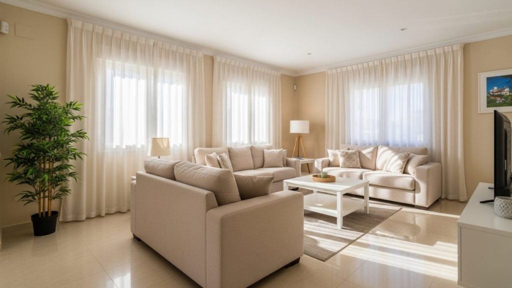 Fotos para vender casa: salón luminoso en Murcia con luz natural mediterránea y composición gran angular profesional
