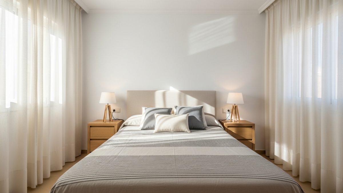 Fotografía de pisos en venta: dormitorio principal con luz natural cálida y reportaje profesional inmobiliario en Murcia