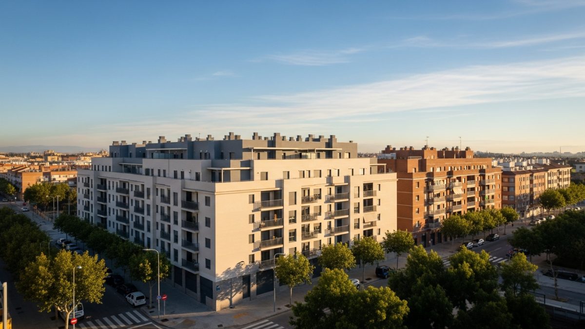 Imágenes de pisos para vender en Molina de Segura: vista aérea de dron del edificio residencial con entorno urbano y luz mediterránea