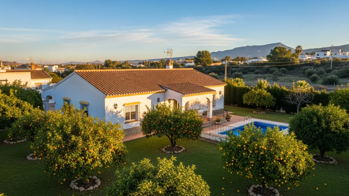 Reportaje fotográfico inmuebles Totana desde dron: fachada de vivienda unifamiliar con vistas al paisaje murciano