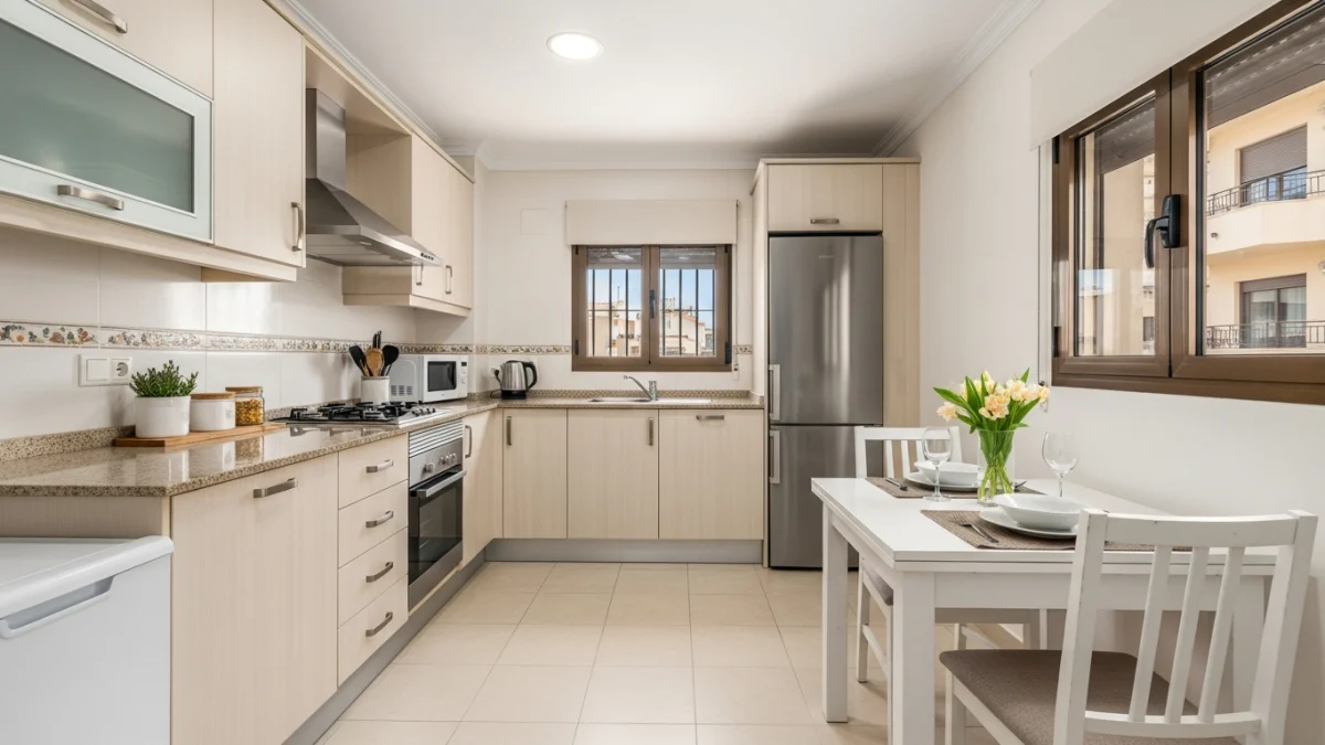 Fotografía inmobiliaria Lorca: cocina-comedor diáfana con iluminación profesional en piso en venta en Lorca