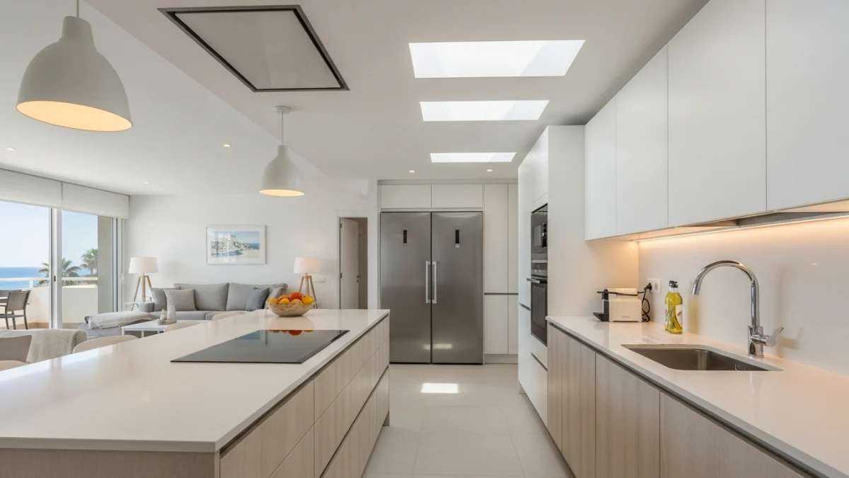 Reportaje fotográfico vivienda Los Alcázares: cocina americana integrada en salón con luz natural y acabados modernos